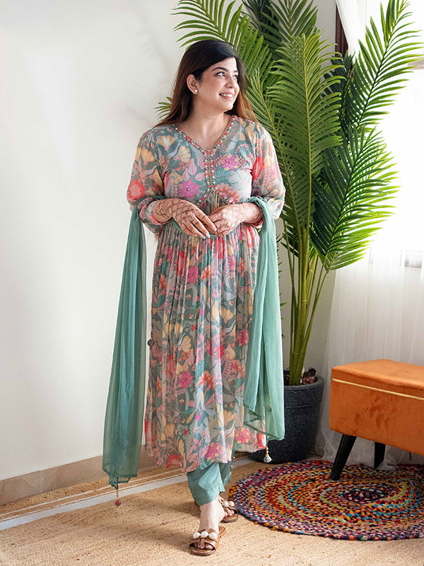 Green Muslin Floral Alia Cut Printed Suit Set