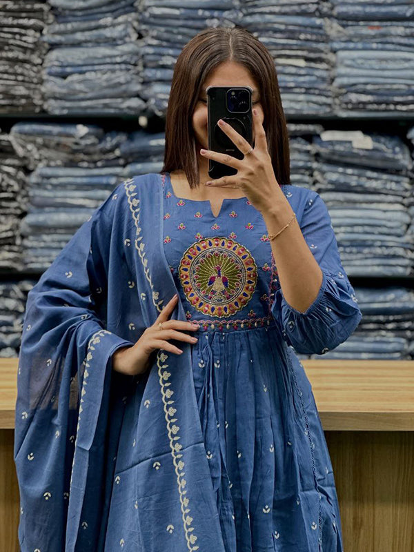 Blue Mal Cotton Pleated Kurti With Pant & Dupatta Set
