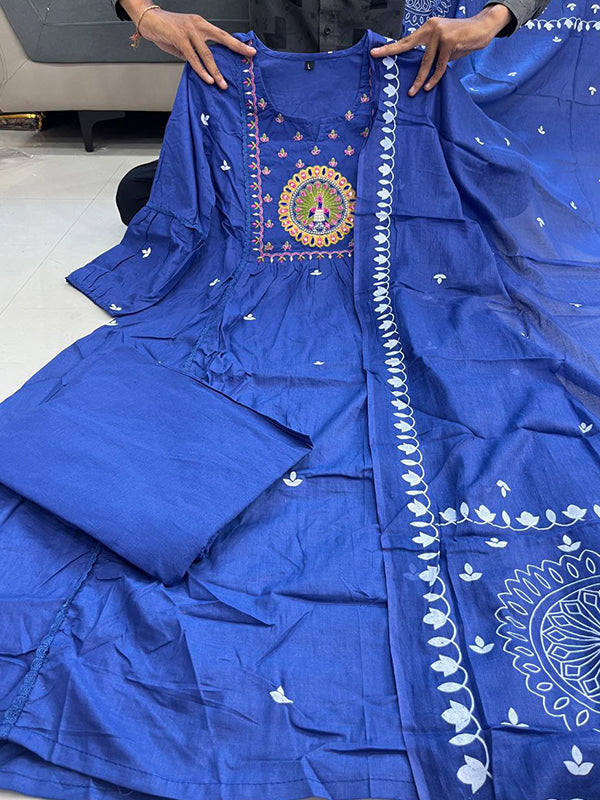 Blue Mal Cotton Pleated Kurti With Pant & Dupatta Set