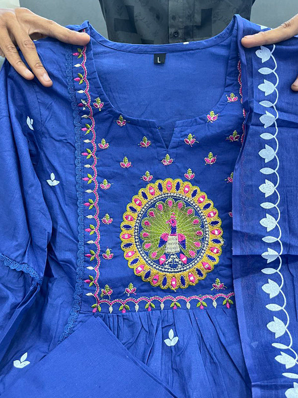 Blue Mal Cotton Pleated Kurti With Pant & Dupatta Set