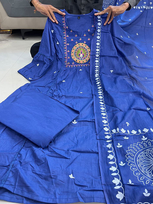 Blue Mal Cotton Pleated Kurti With Pant & Dupatta Set