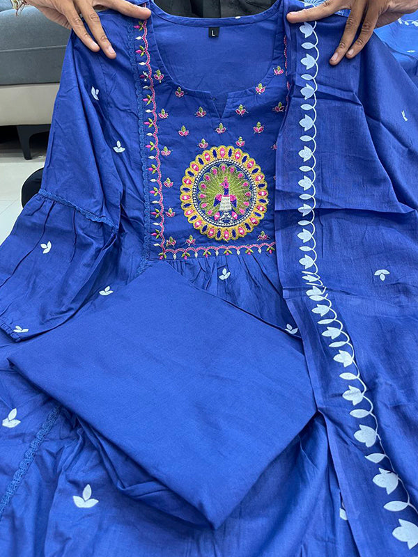 Blue Mal Cotton Pleated Kurti With Pant & Dupatta Set
