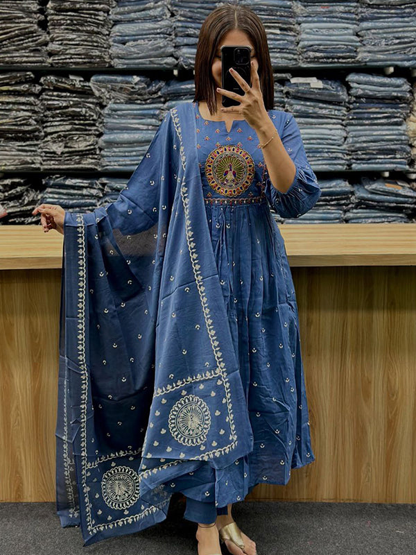 Blue Mal Cotton Pleated Kurti With Pant & Dupatta Set