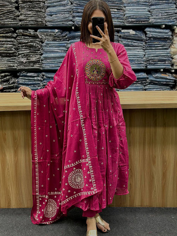Pink Mal Cotton Pleated Kurti With Pant & Dupatta Set