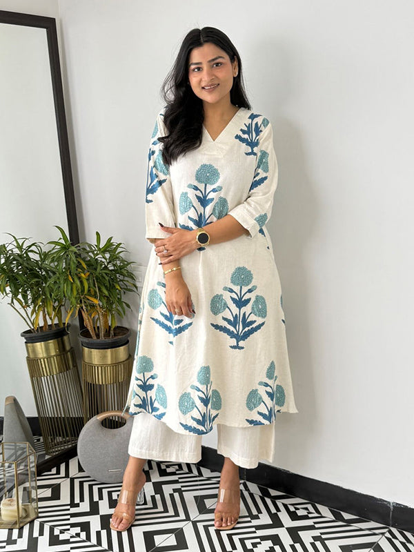 Blue Cotton Printed Kurta With Pant