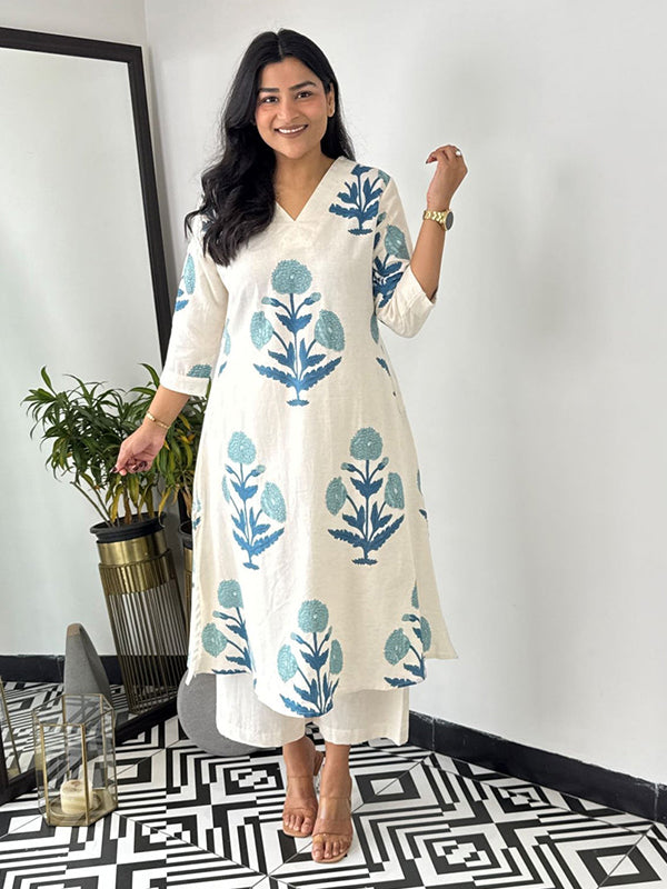 Blue Cotton Printed Kurta With Pant