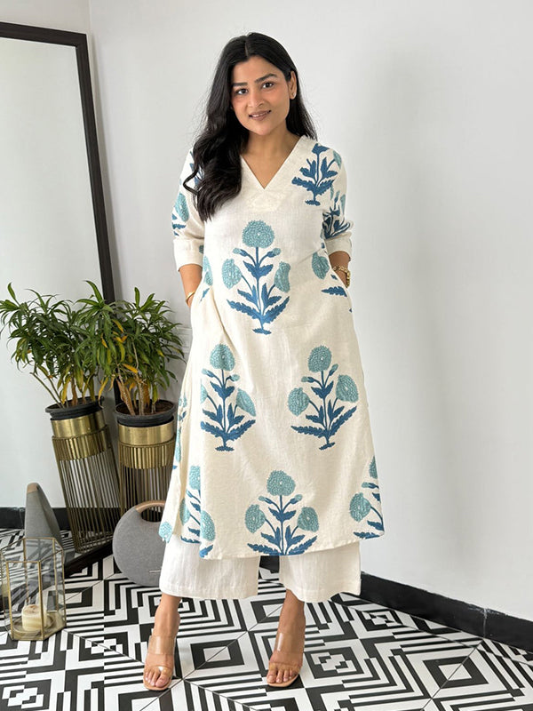 Blue Cotton Printed Kurta With Pant