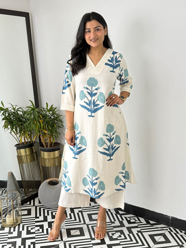 Blue Cotton Printed Kurta With Pant