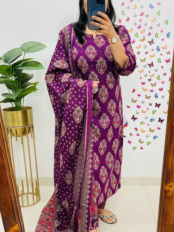 Wine Block Printed Kurti Pant Set With Dupatta
