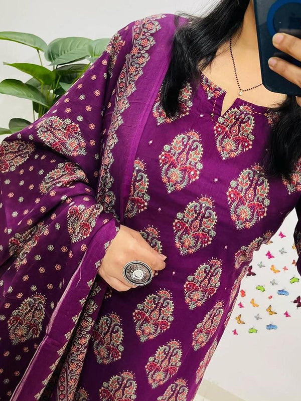 Wine Block Printed Kurti Pant Set With Dupatta