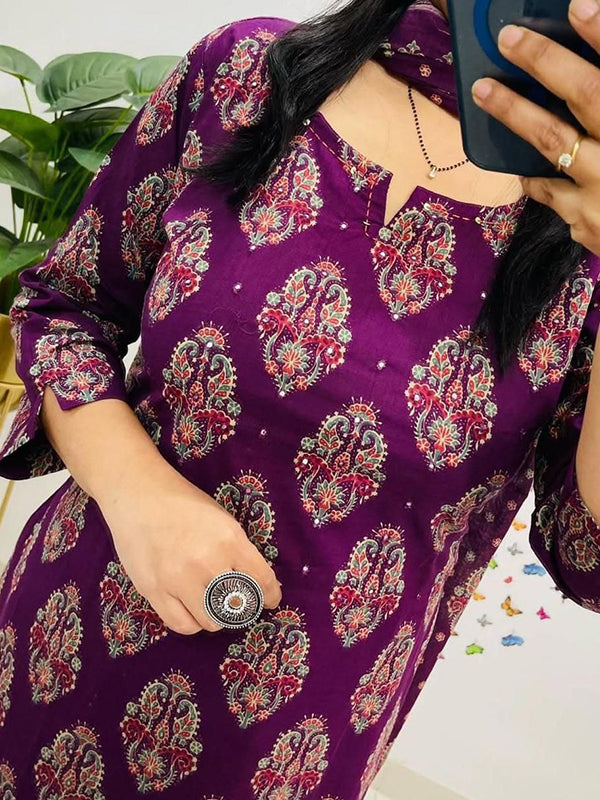 Wine Block Printed Kurti Pant Set With Dupatta