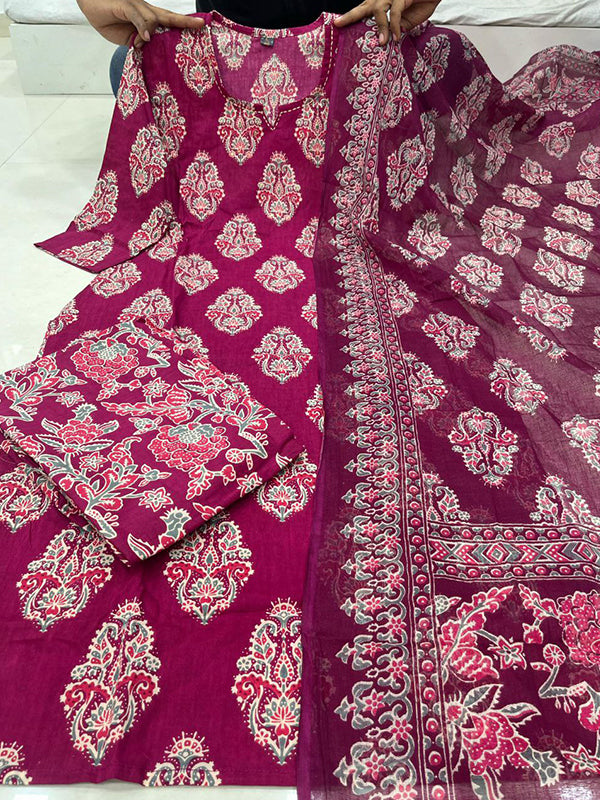 Wine Block Printed Kurti Pant Set With Dupatta