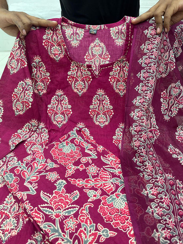 Wine Block Printed Kurti Pant Set With Dupatta