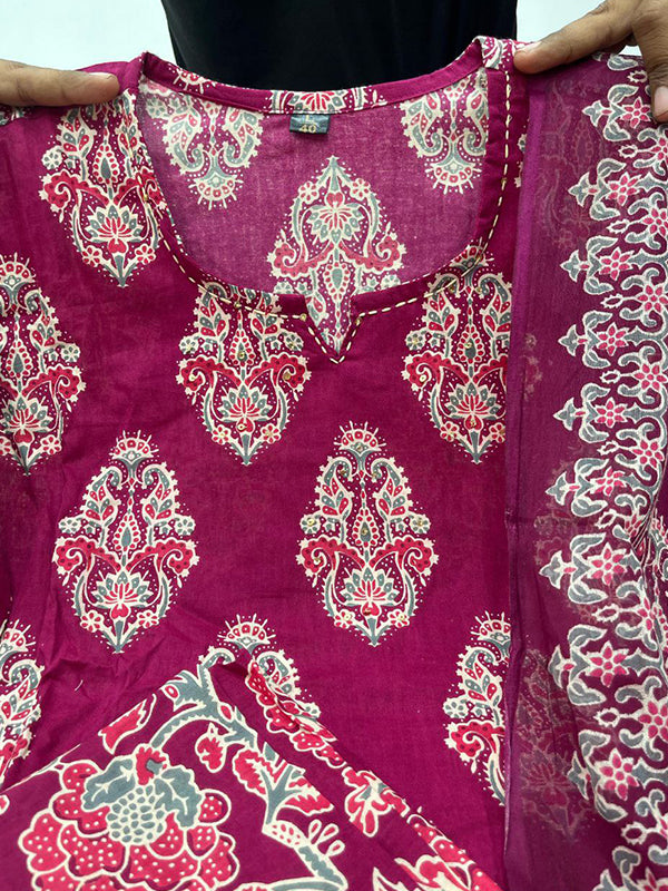 Wine Block Printed Kurti Pant Set With Dupatta