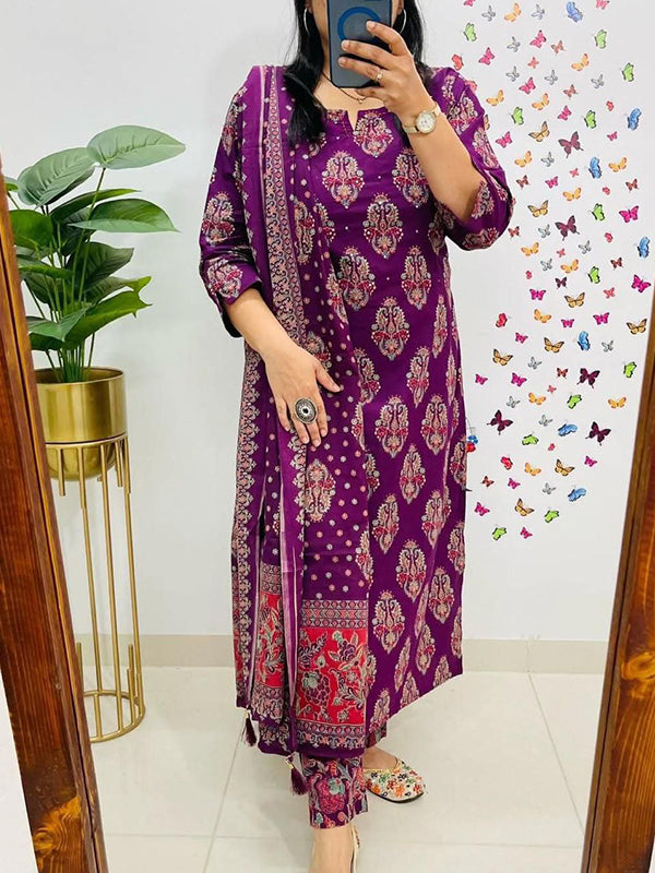 Wine Block Printed Kurti Pant Set With Dupatta