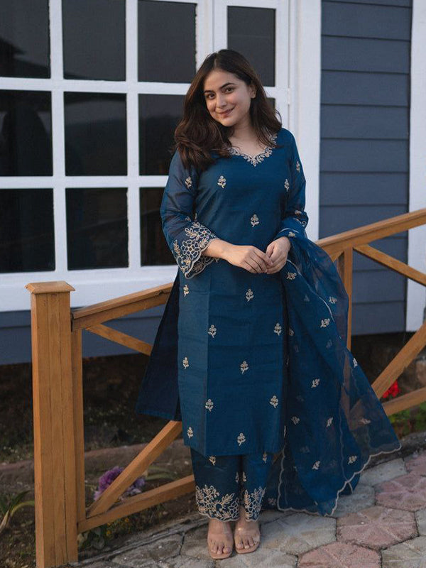 Royal Blue Chanderi Silk Kurti Palazzo Set With Dupatta