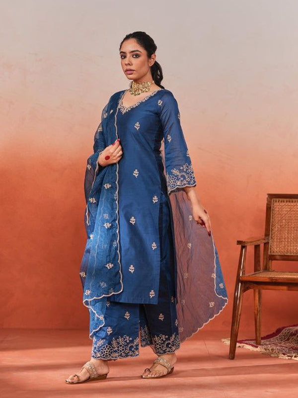 Royal Blue Chanderi Silk Kurti Palazzo Set With Dupatta