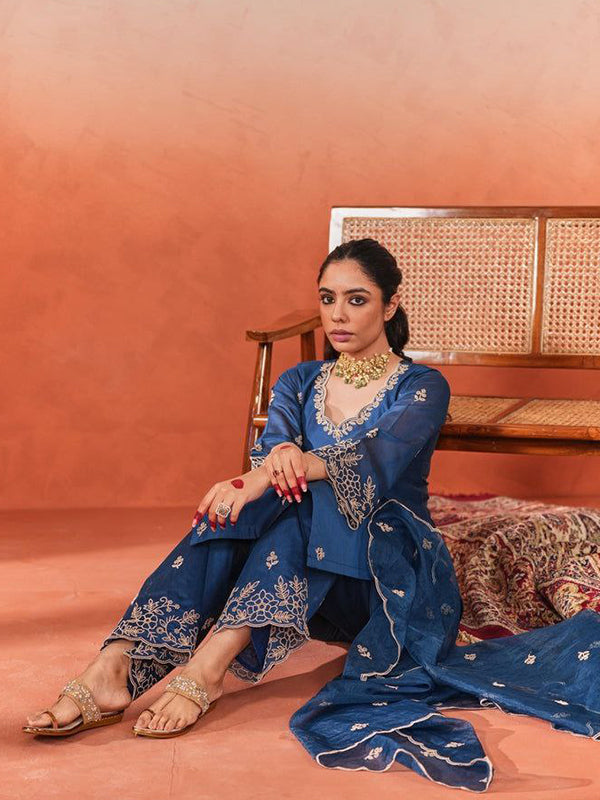 Royal Blue Chanderi Silk Kurti Palazzo Set With Dupatta