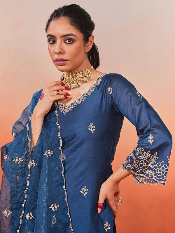 Royal Blue Chanderi Silk Kurti Palazzo Set With Dupatta
