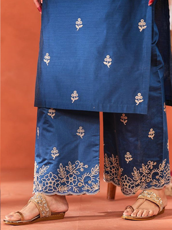 Royal Blue Chanderi Silk Kurti Palazzo Set With Dupatta