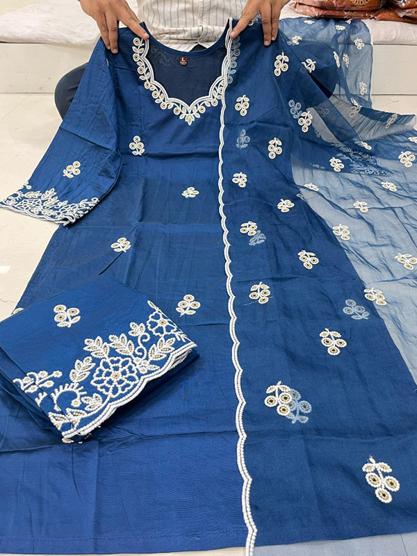Royal Blue Chanderi Silk Kurti Palazzo Set With Dupatta