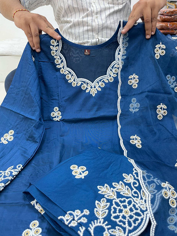 Royal Blue Chanderi Silk Kurti Palazzo Set With Dupatta