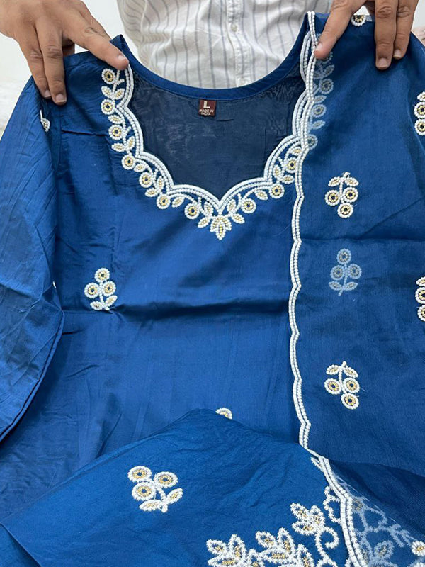 Royal Blue Chanderi Silk Kurti Palazzo Set With Dupatta