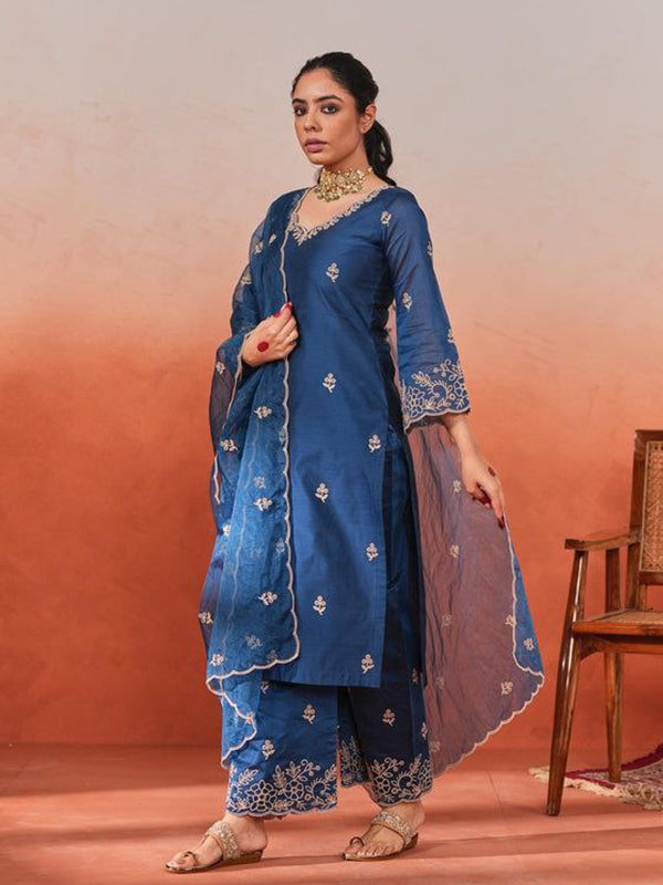 Royal Blue Chanderi Silk Kurti Palazzo Set With Dupatta