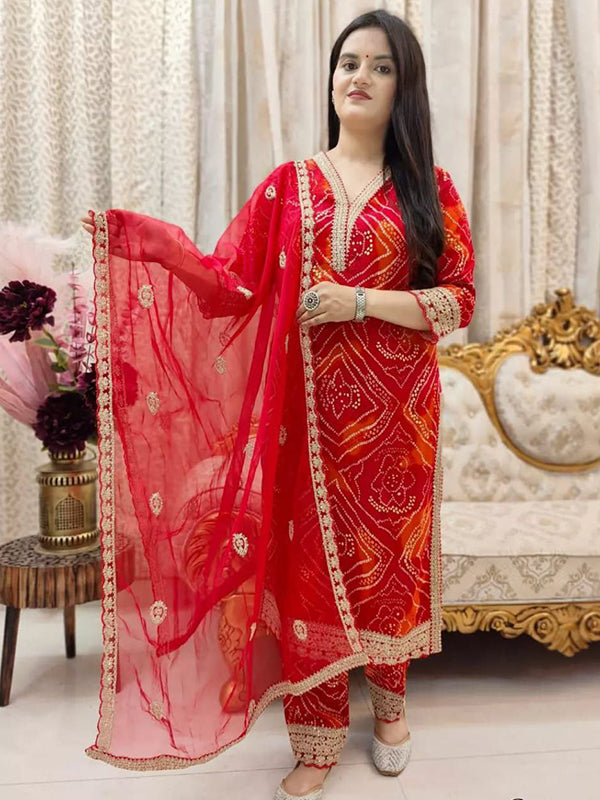 Bandhani Printed Red Kurti Pant Set With Dupatta