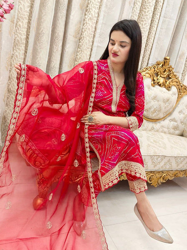 Bandhani Printed Red Kurti Pant Set With Dupatta