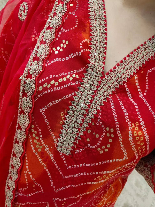 Bandhani Printed Red Kurti Pant Set With Dupatta