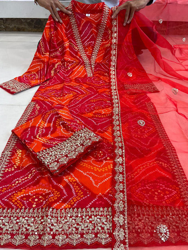 Bandhani Printed Red Kurti Pant Set With Dupatta