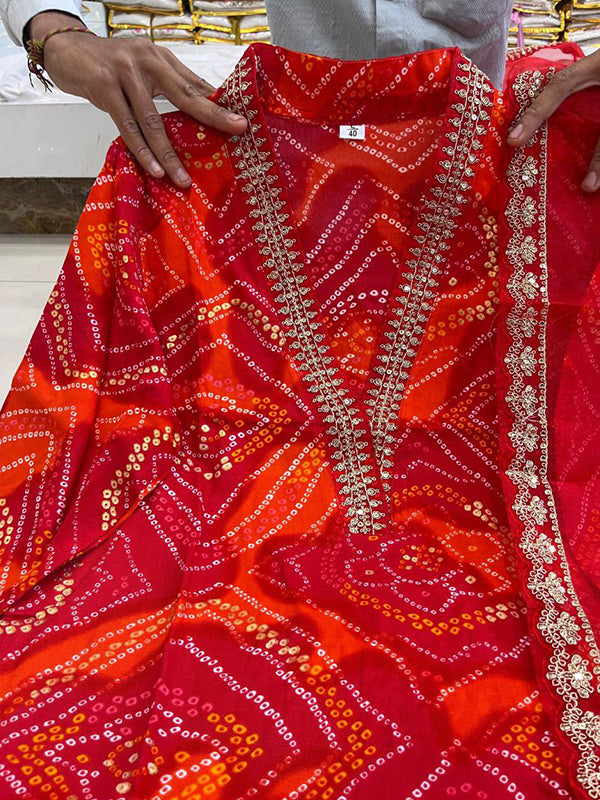 Bandhani Printed Red Kurti Pant Set With Dupatta