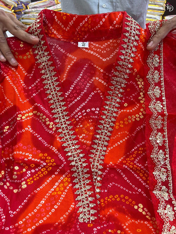 Bandhani Printed Red Kurti Pant Set With Dupatta