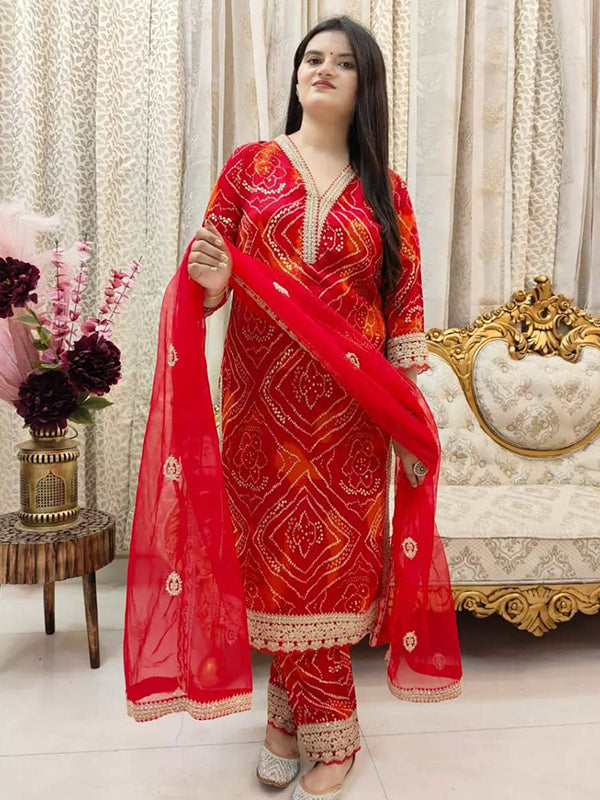 Bandhani Printed Red Kurti Pant Set With Dupatta