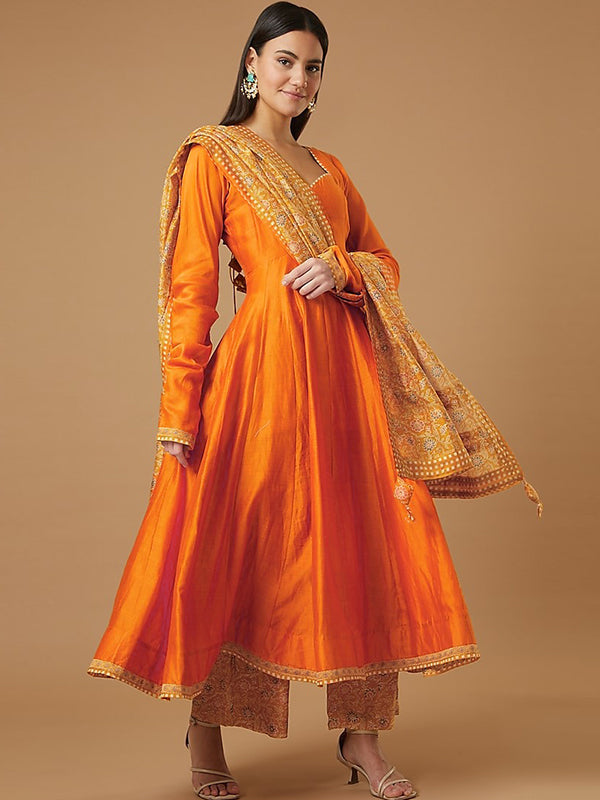 Mustard Anarkali Gown With Pant & Dupatta Set