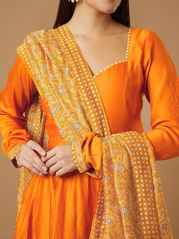 Mustard Anarkali Gown With Pant & Dupatta Set