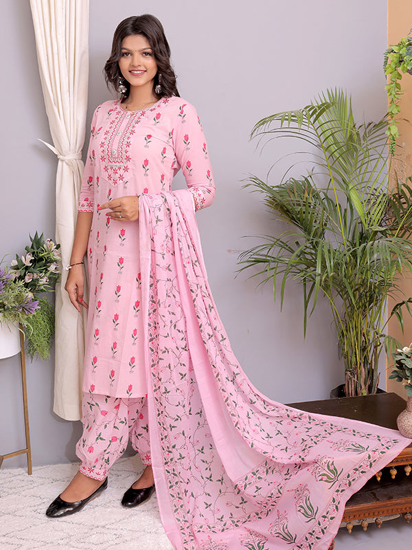 Baby Pink Cotton Afghani Kurti With Pant & Dupatta Set