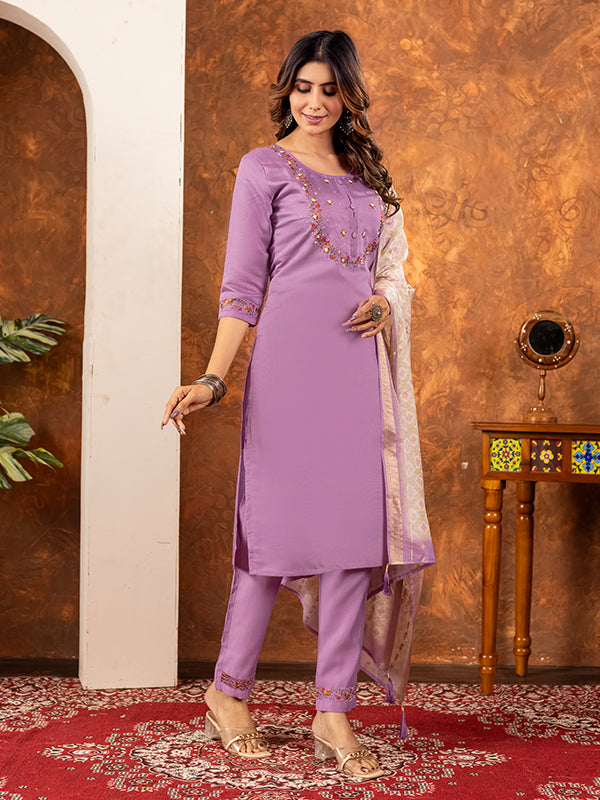 Lavender Embroidered With Hand Work Suit Set