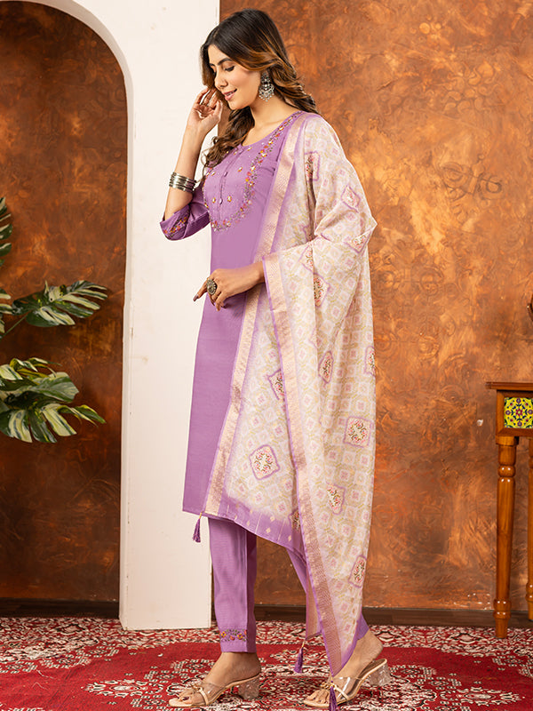 Lavender Embroidered With Hand Work Suit Set