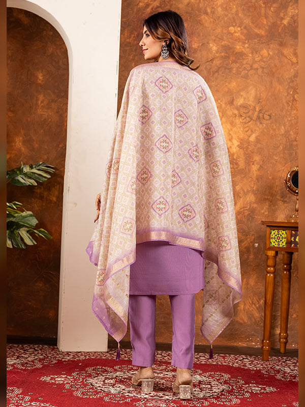 Lavender Embroidered With Hand Work Suit Set