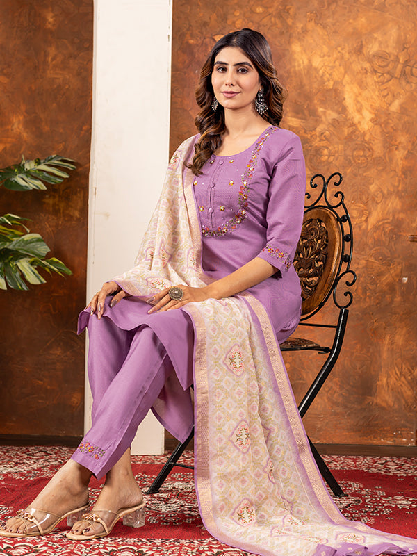 Lavender Embroidered With Hand Work Suit Set