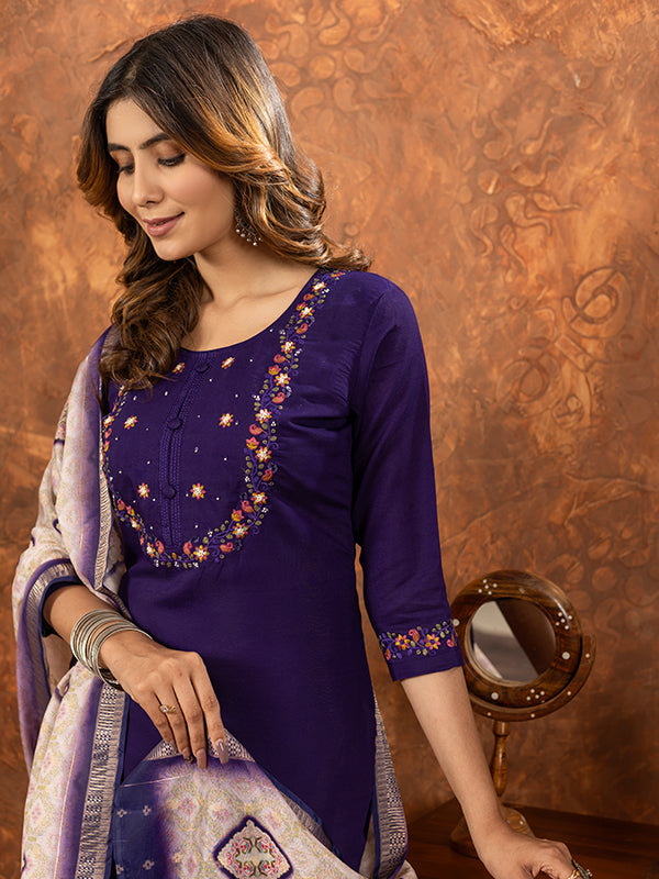 Purple Embroidered With Hand Work Suit Set