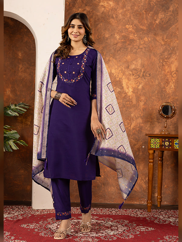 Purple Embroidered With Hand Work Suit Set