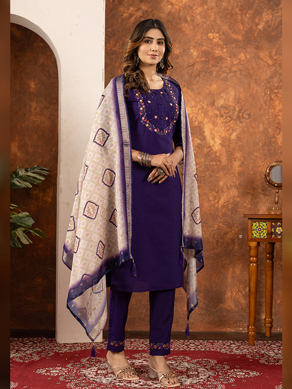 Purple Embroidered With Hand Work Suit Set