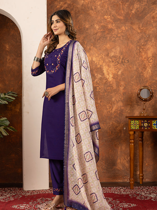 Purple Embroidered With Hand Work Suit Set