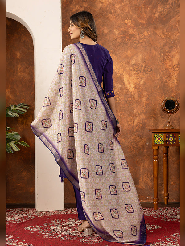 Purple Embroidered With Hand Work Suit Set