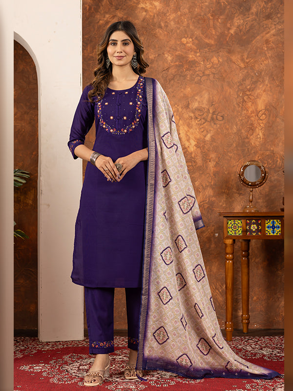 Purple Embroidered With Hand Work Suit Set