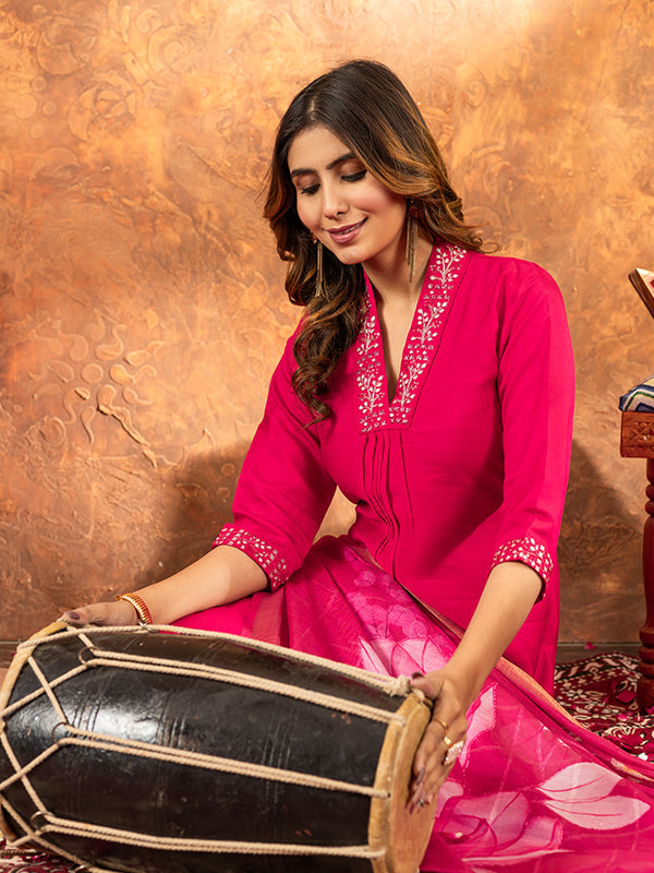 Pink Roman Silk Sequins With Hand Work Suit Set
