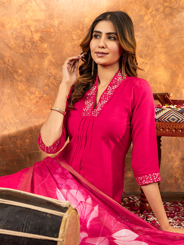 Pink Roman Silk Sequins With Hand Work Suit Set